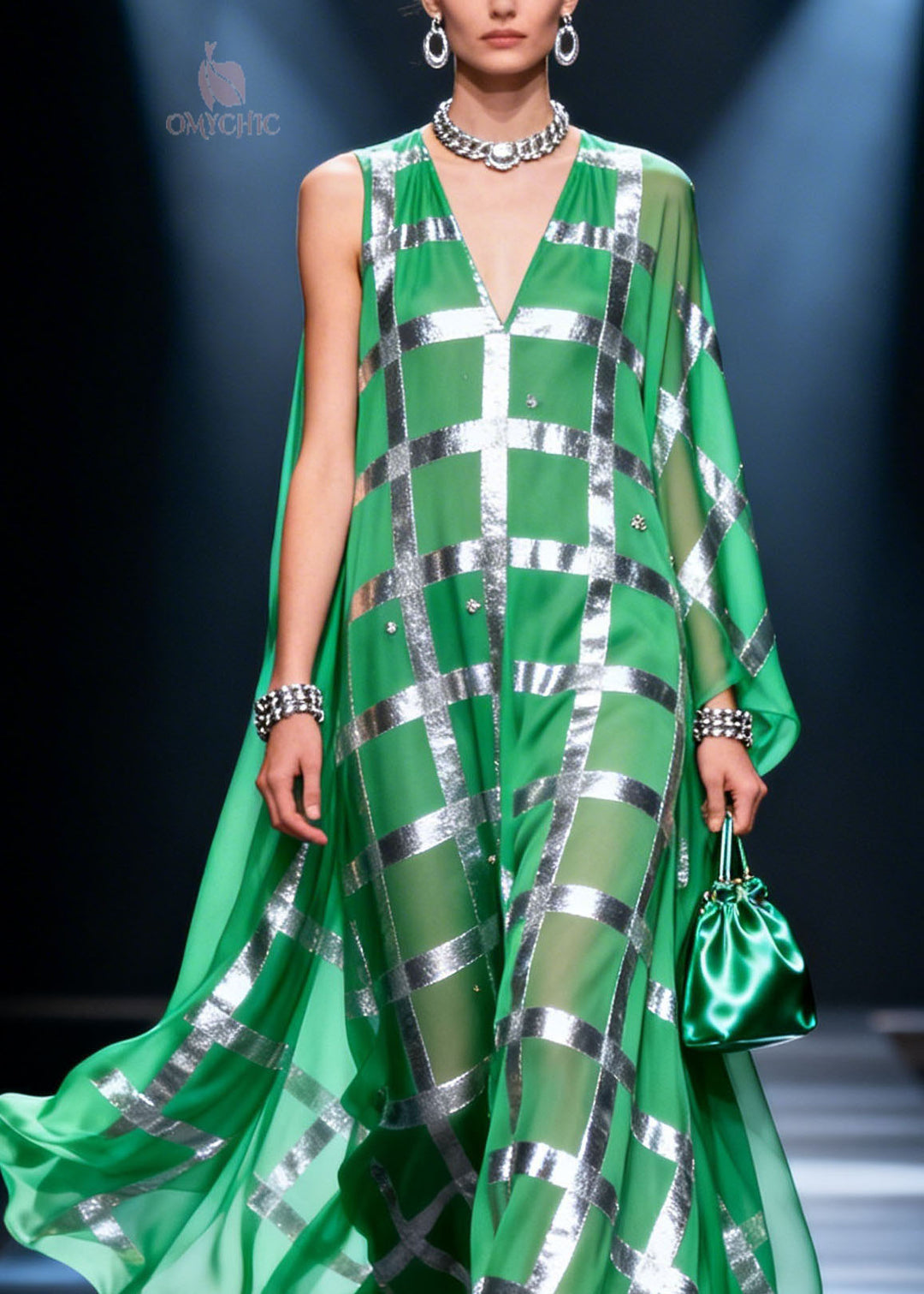 Fashion Green V Neck Print Chiffon Long Dress Summer