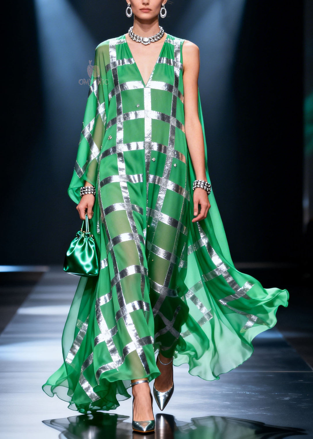 Fashion Green V Neck Print Chiffon Long Dress Summer