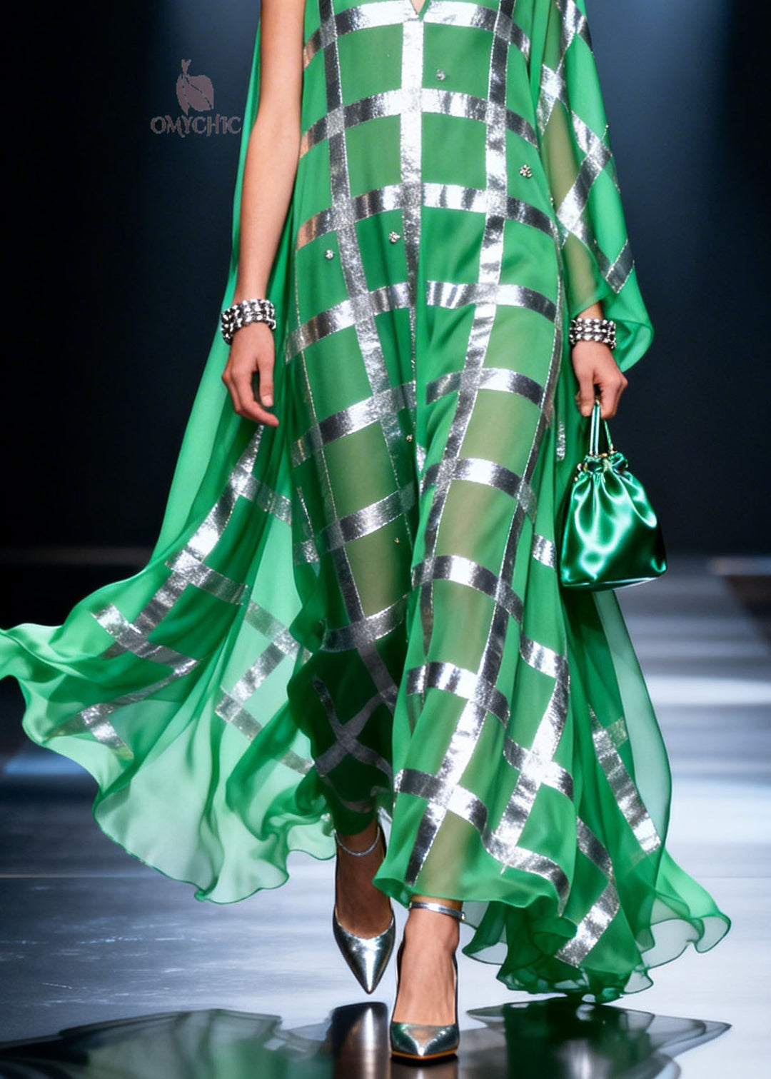 Fashion Green V Neck Print Chiffon Long Dress Summer