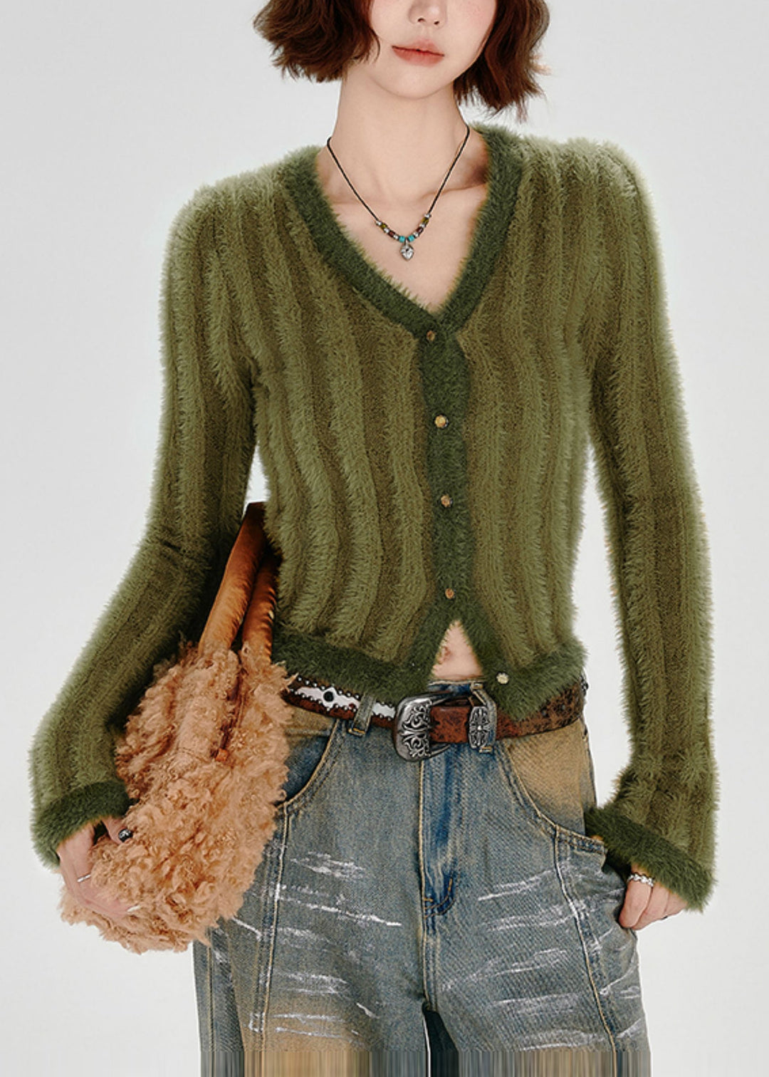 Fashion Green V Neck Striped Fuzzy Fur Fluffy Knit Cardigans Winter
