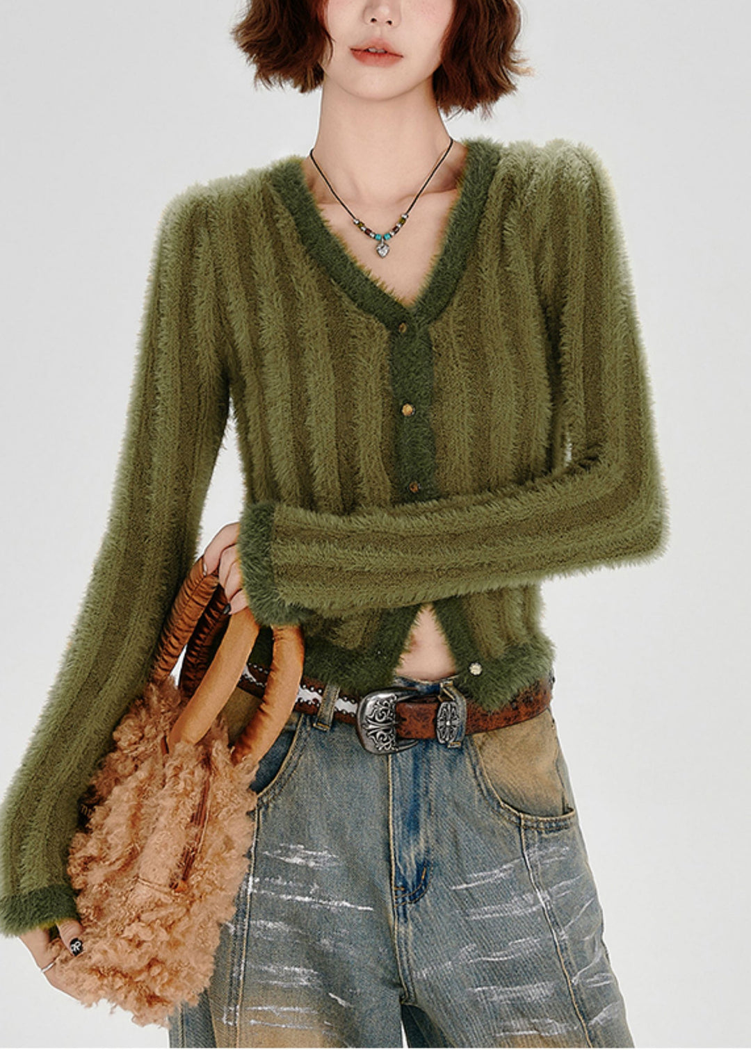 Fashion Green V Neck Striped Fuzzy Fur Fluffy Knit Cardigans Winter
