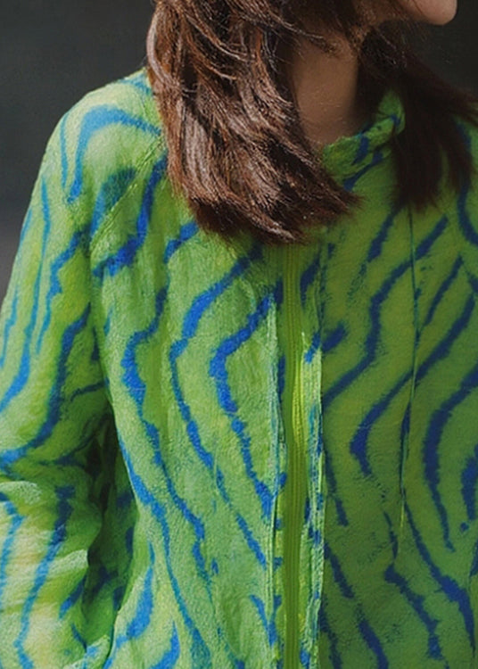 Fashion Green Zip Up Print Cotton Coat Fall