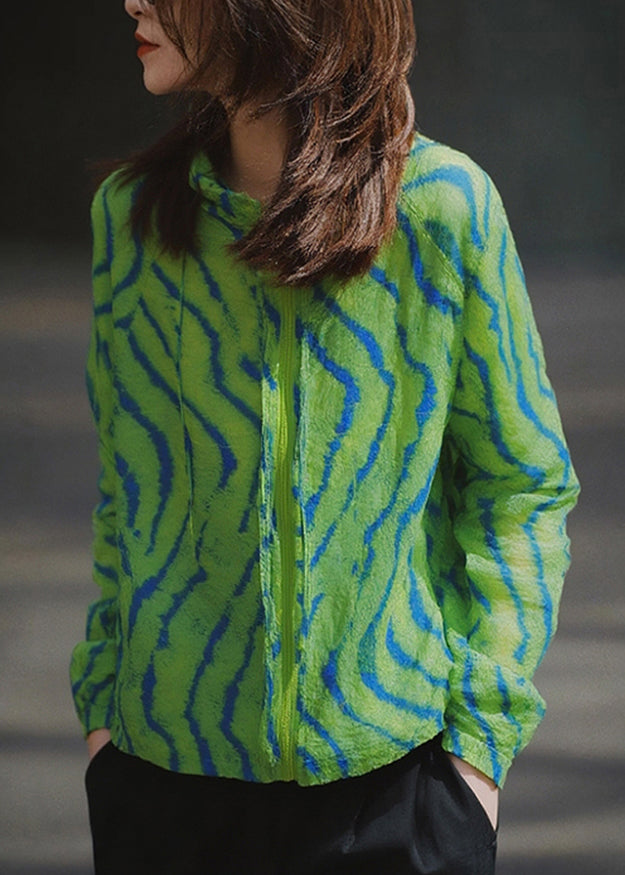 Fashion Green Zip Up Print Cotton Coat Fall