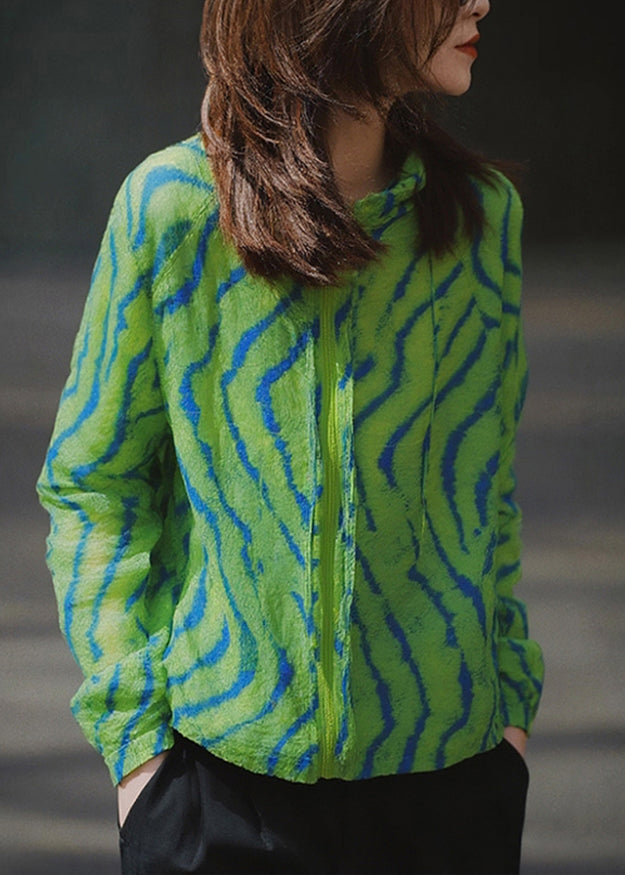 Fashion Green Zip Up Print Cotton Coat Fall