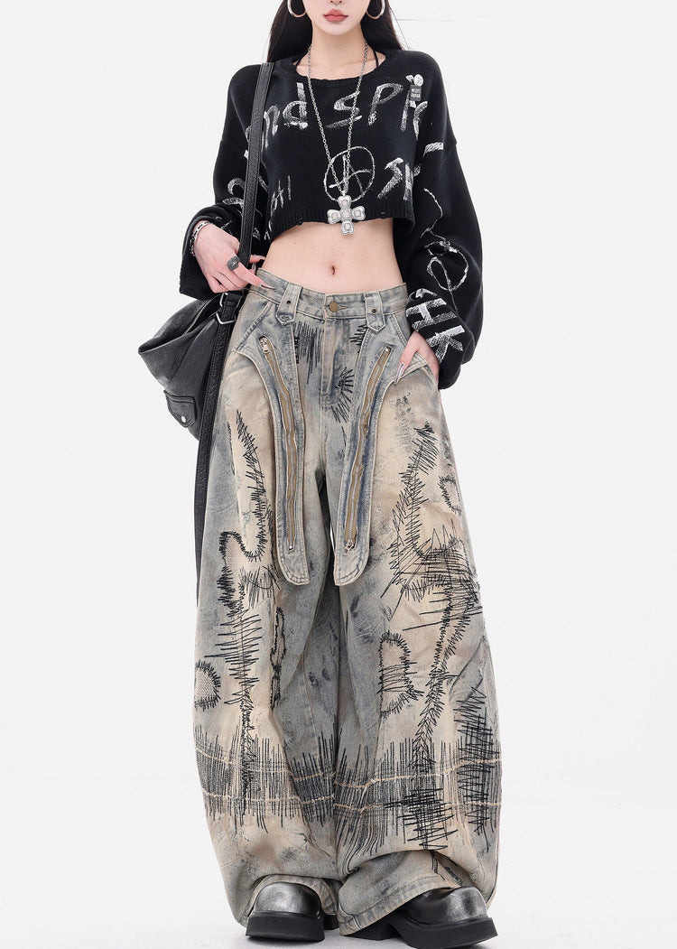 Fashion Grey Embroidered Denim Wide Leg Pants Spring - Omychic