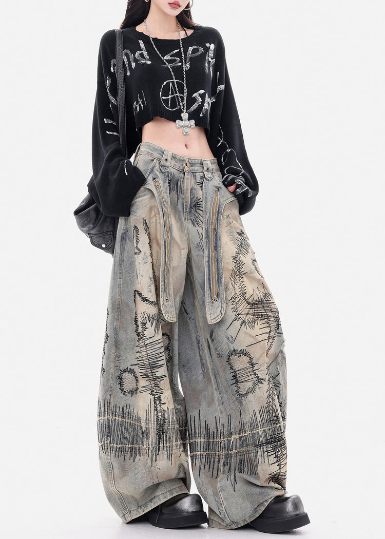 Fashion Grey Embroidered Denim Wide Leg Pants Spring - Omychic