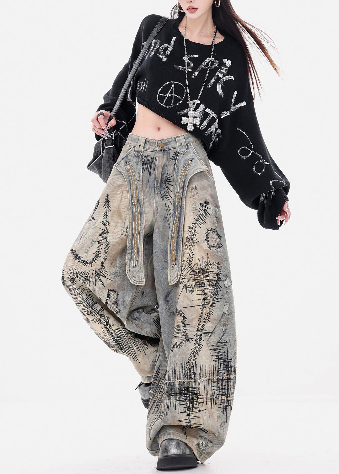 Fashion Grey Embroidered Denim Wide Leg Pants Spring - Omychic