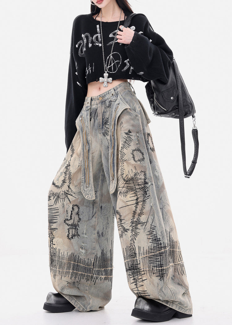 Fashion Grey Embroidered Denim Wide Leg Pants Spring - Omychic