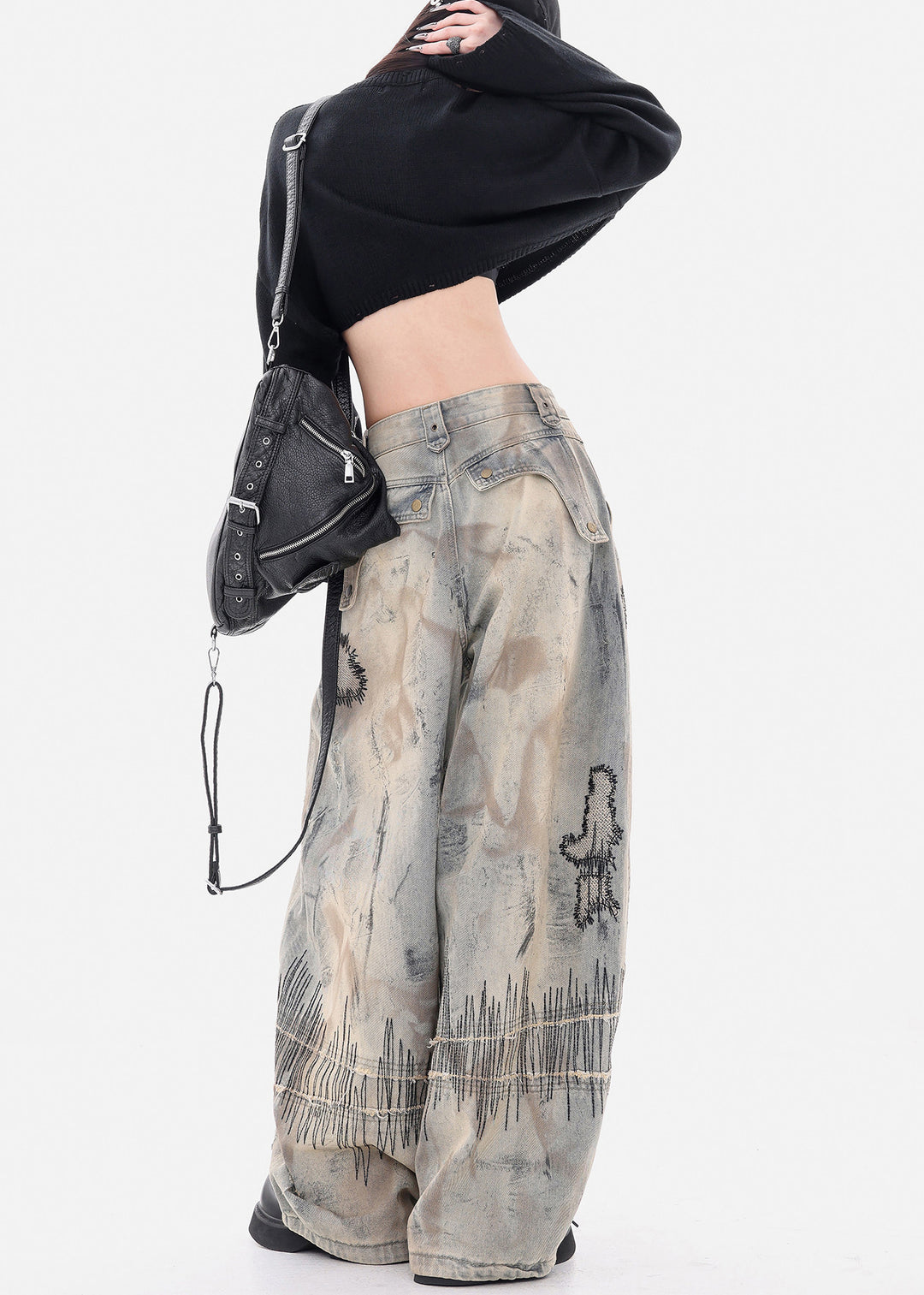 Fashion Grey Embroidered Denim Wide Leg Pants Spring - Omychic