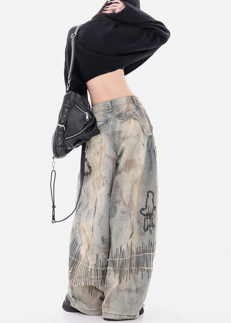 Fashion Grey Embroidered Denim Wide Leg Pants Spring - Omychic