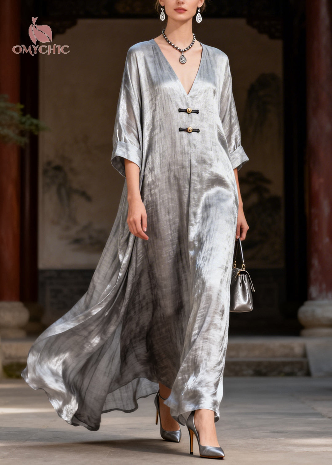 Fashion Grey Exra Large Hem Chinese Button Silk Maxi Dresses Summer