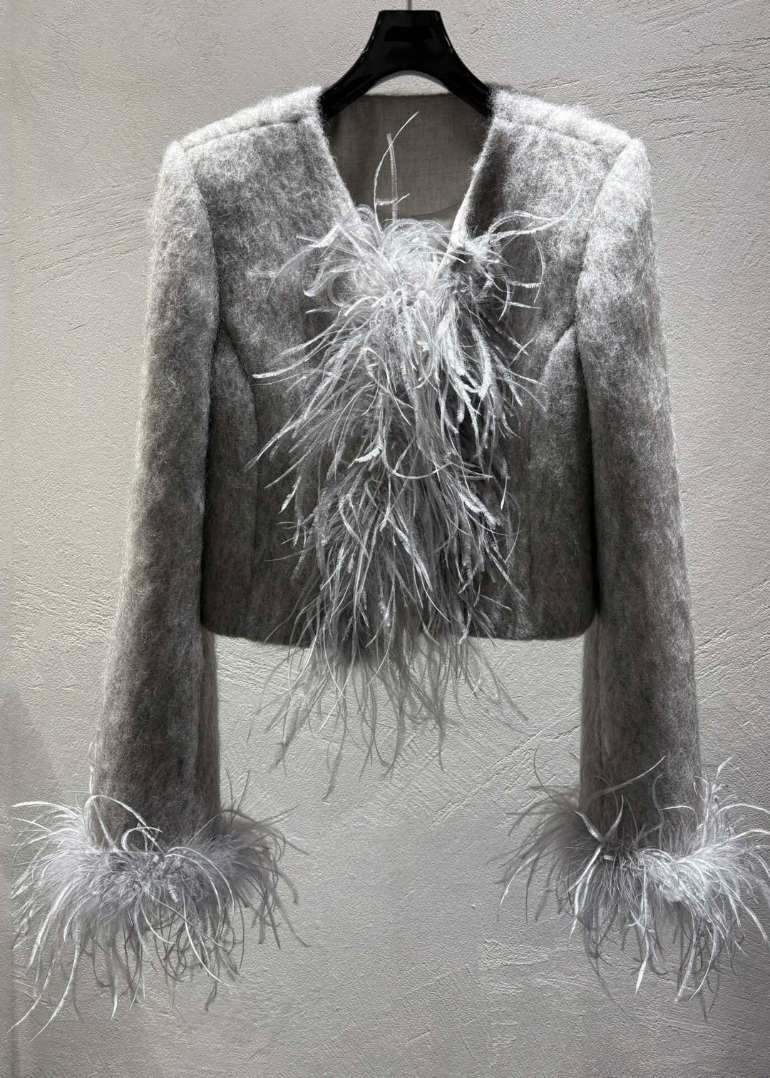 Fashion Grey Feather Patchwork Wool Coats Winter