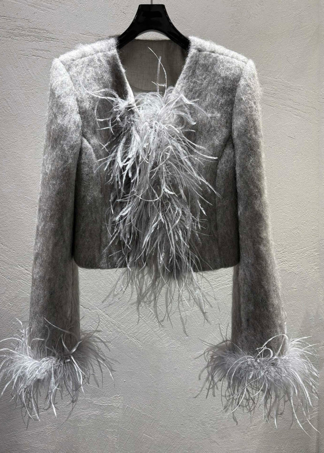 Fashion Grey Feather Patchwork Wool Coats Winter