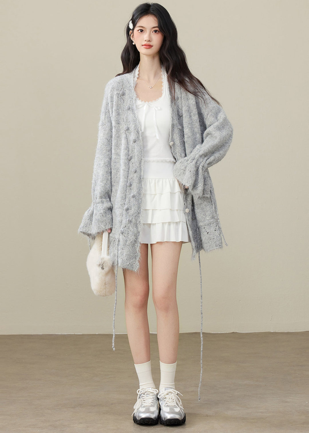 Fashion Grey Fuzzy Ball Decorated Drawstring Knit Cardigan Spring