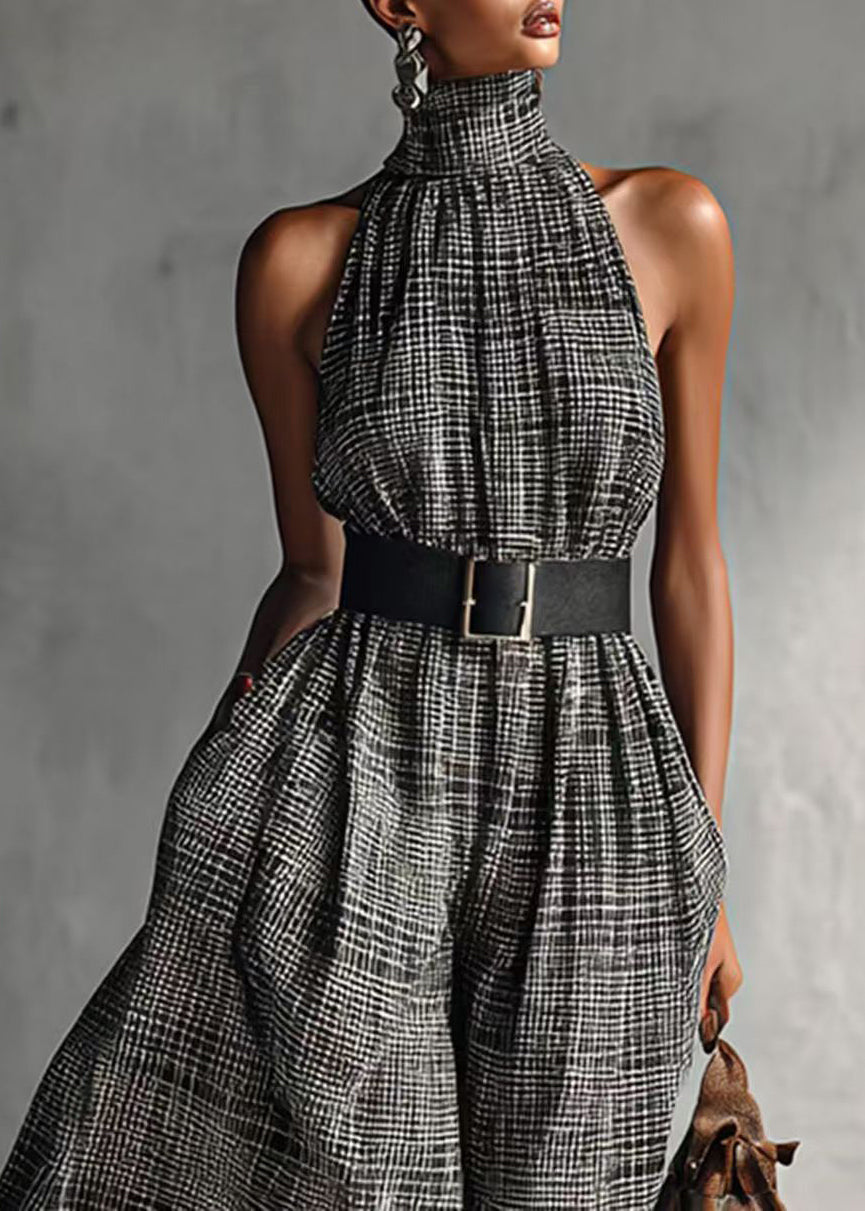 Fashion Grey High Collar Plaid Cotton Tunic Dresses Sleeveless