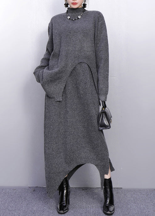 Fashion Grey High Neck Side Open Knit Two Pieces Set Winter