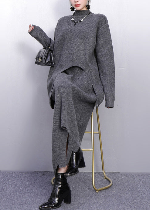 Fashion Grey High Neck Side Open Knit Two Pieces Set Winter