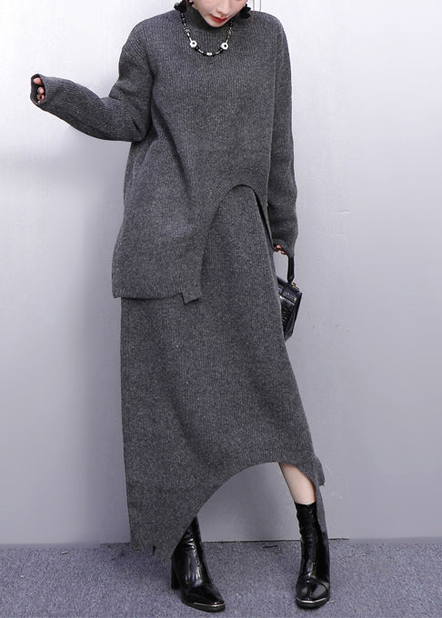 Fashion Grey High Neck Side Open Knit Two Pieces Set Winter