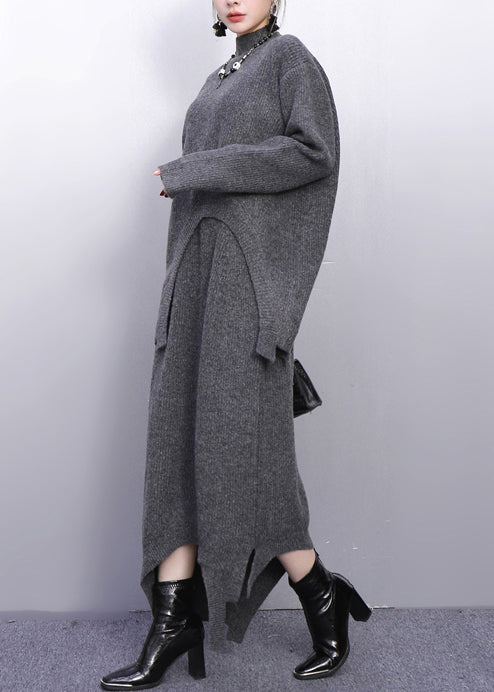 Fashion Grey High Neck Side Open Knit Two Pieces Set Winter