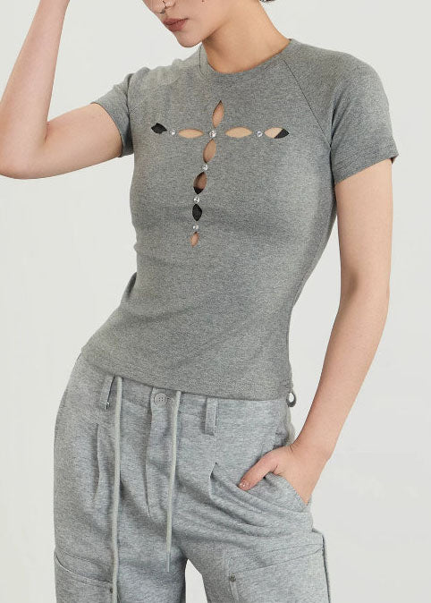Fashion Grey Hollow Out Silm Fit Cotton Shirts Fall