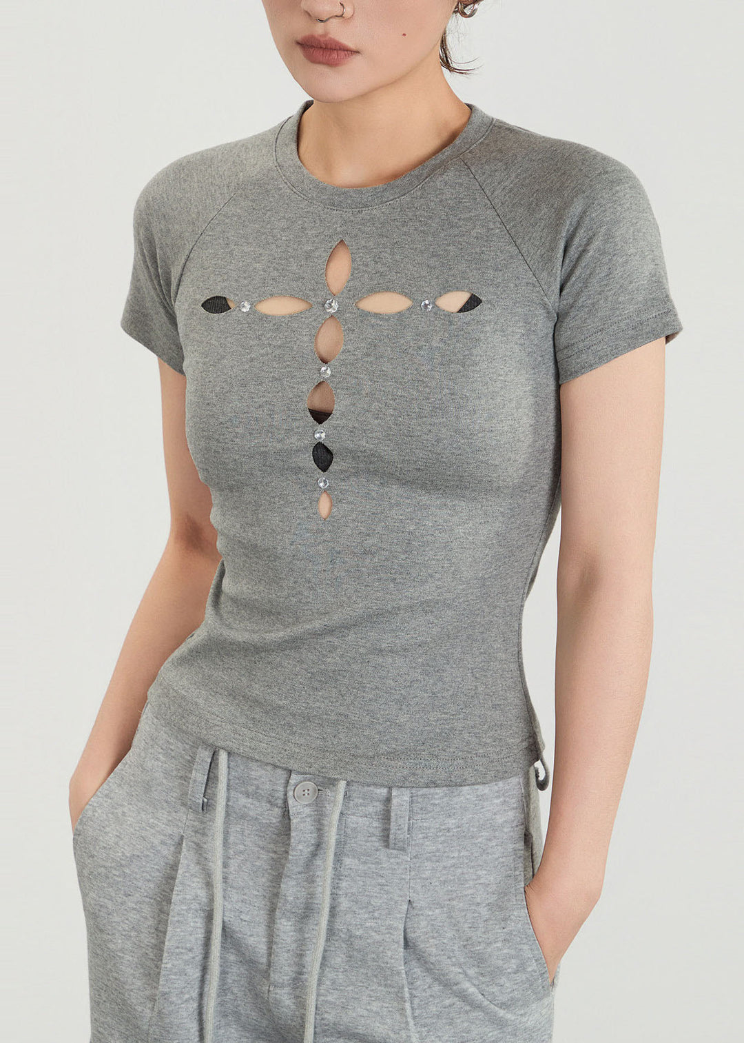 Fashion Grey Hollow Out Silm Fit Cotton Shirts Fall