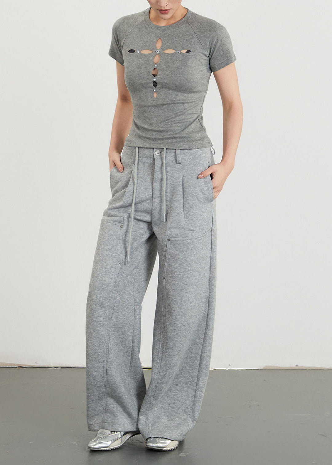 Fashion Grey Hollow Out Silm Fit Cotton Shirts Fall