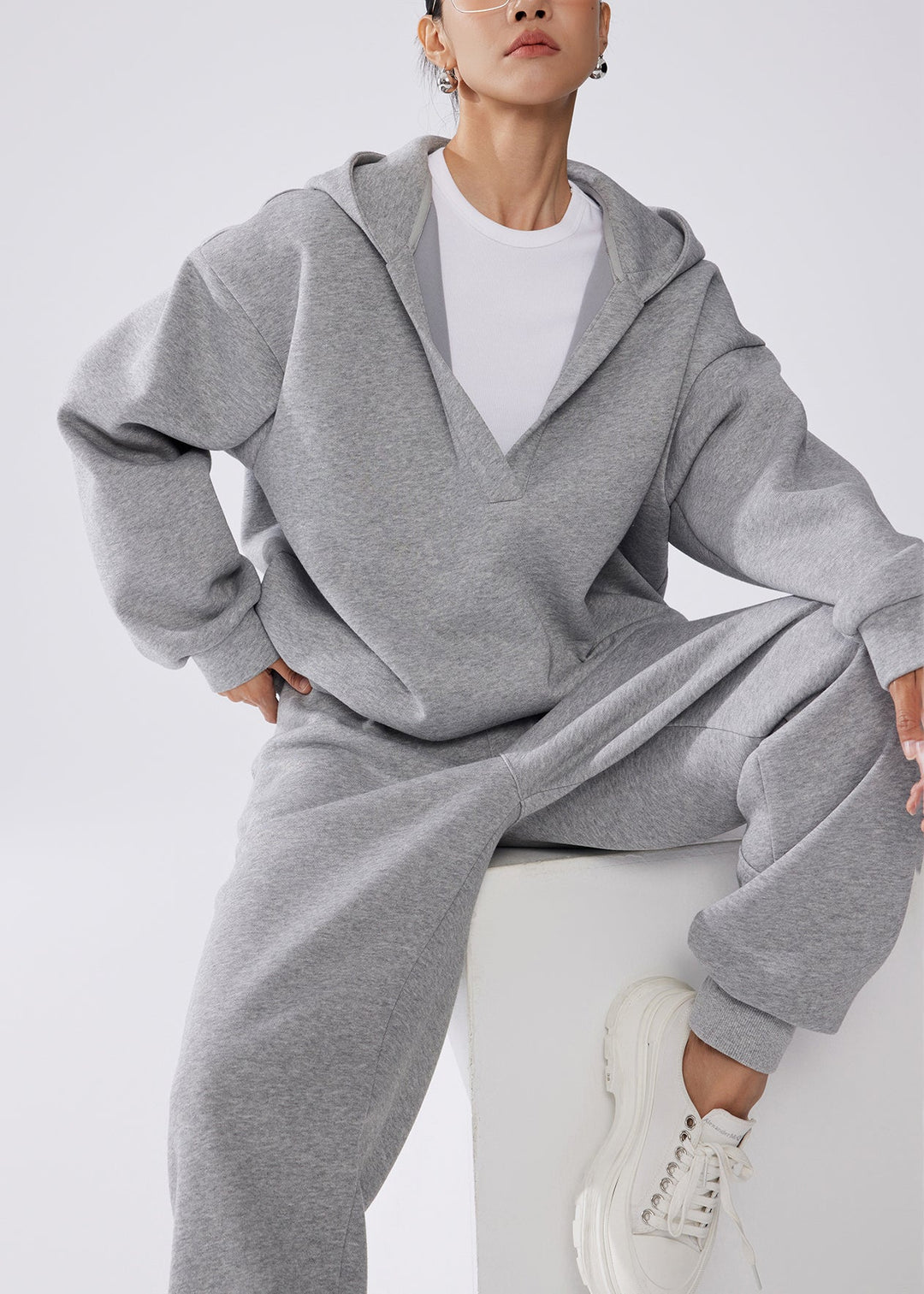 Fashion Grey Hooded Cotton Pullover Sweatshirt Two Pieces Set Fall