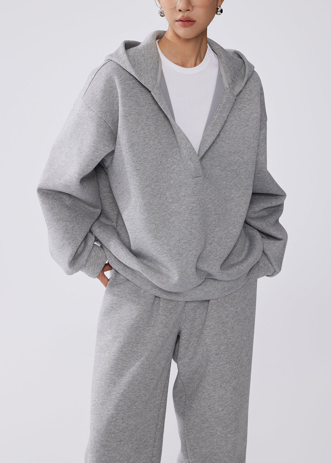 Fashion Grey Hooded Cotton Pullover Sweatshirt Two Pieces Set Fall