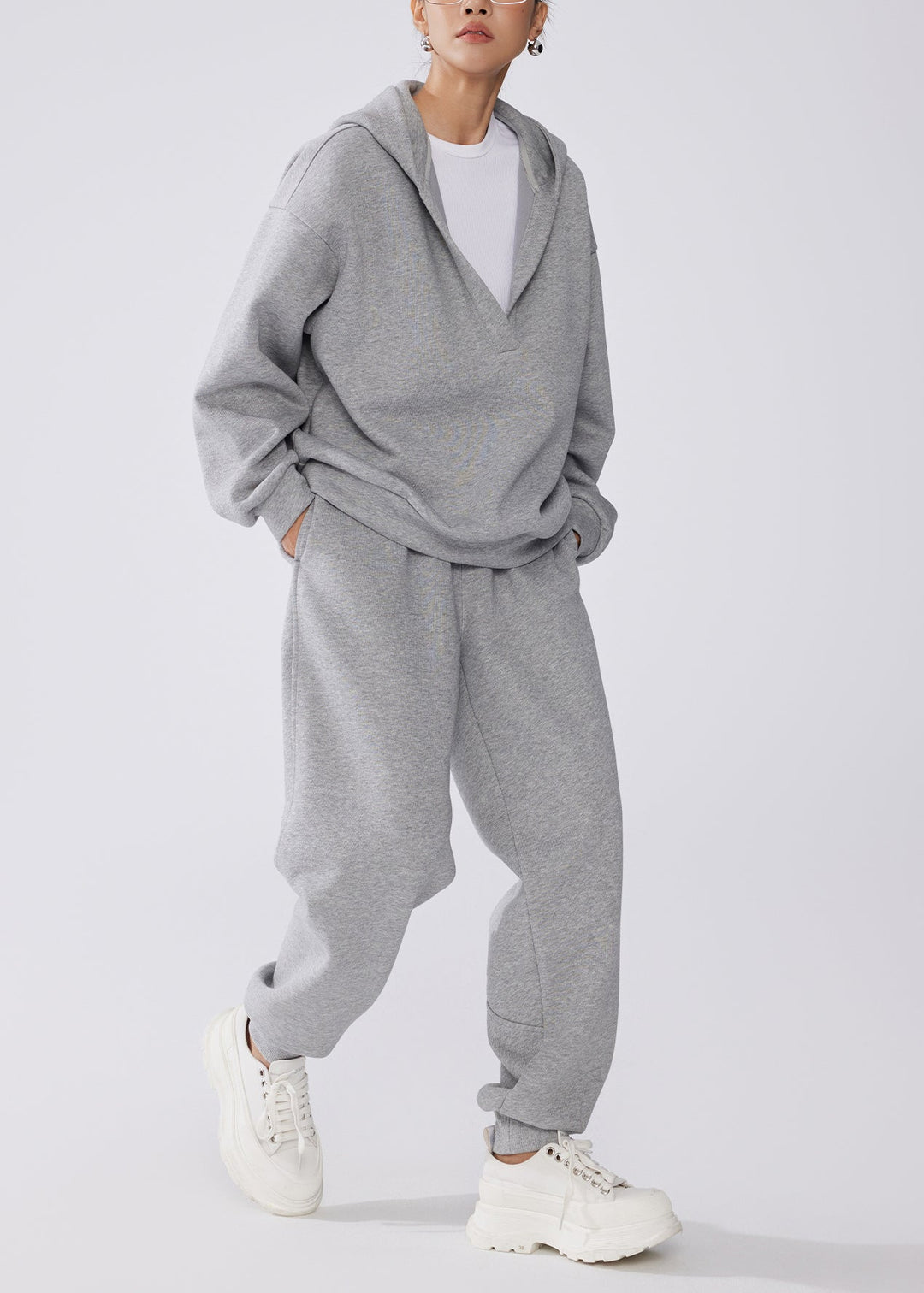 Fashion Grey Hooded Cotton Pullover Sweatshirt Two Pieces Set Fall