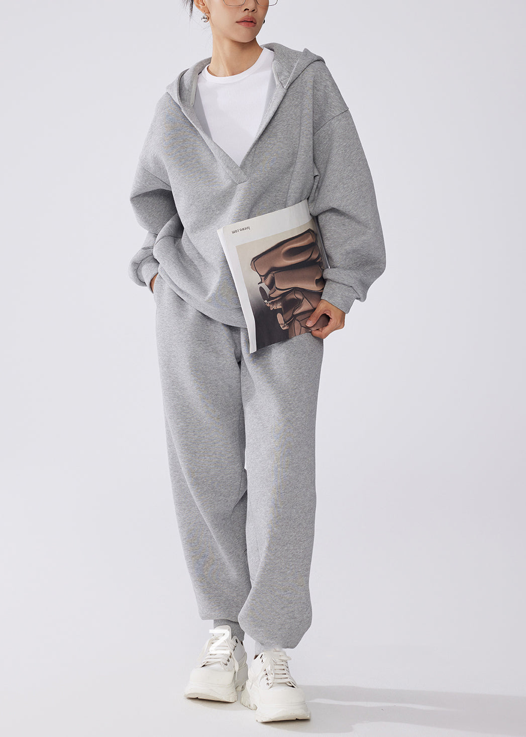 Fashion Grey Hooded Cotton Pullover Sweatshirt Two Pieces Set Fall