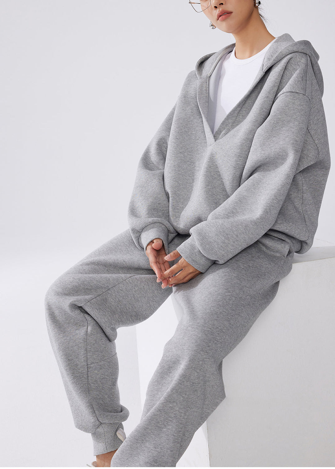 Fashion Grey Hooded Cotton Pullover Sweatshirt Two Pieces Set Fall