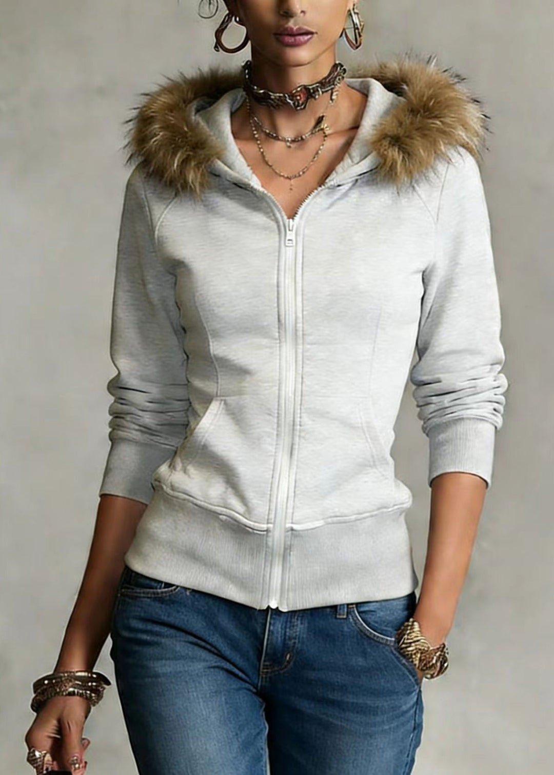 Fashion Grey Hooded Fur Collar Patchwork Cotton Coat Spring