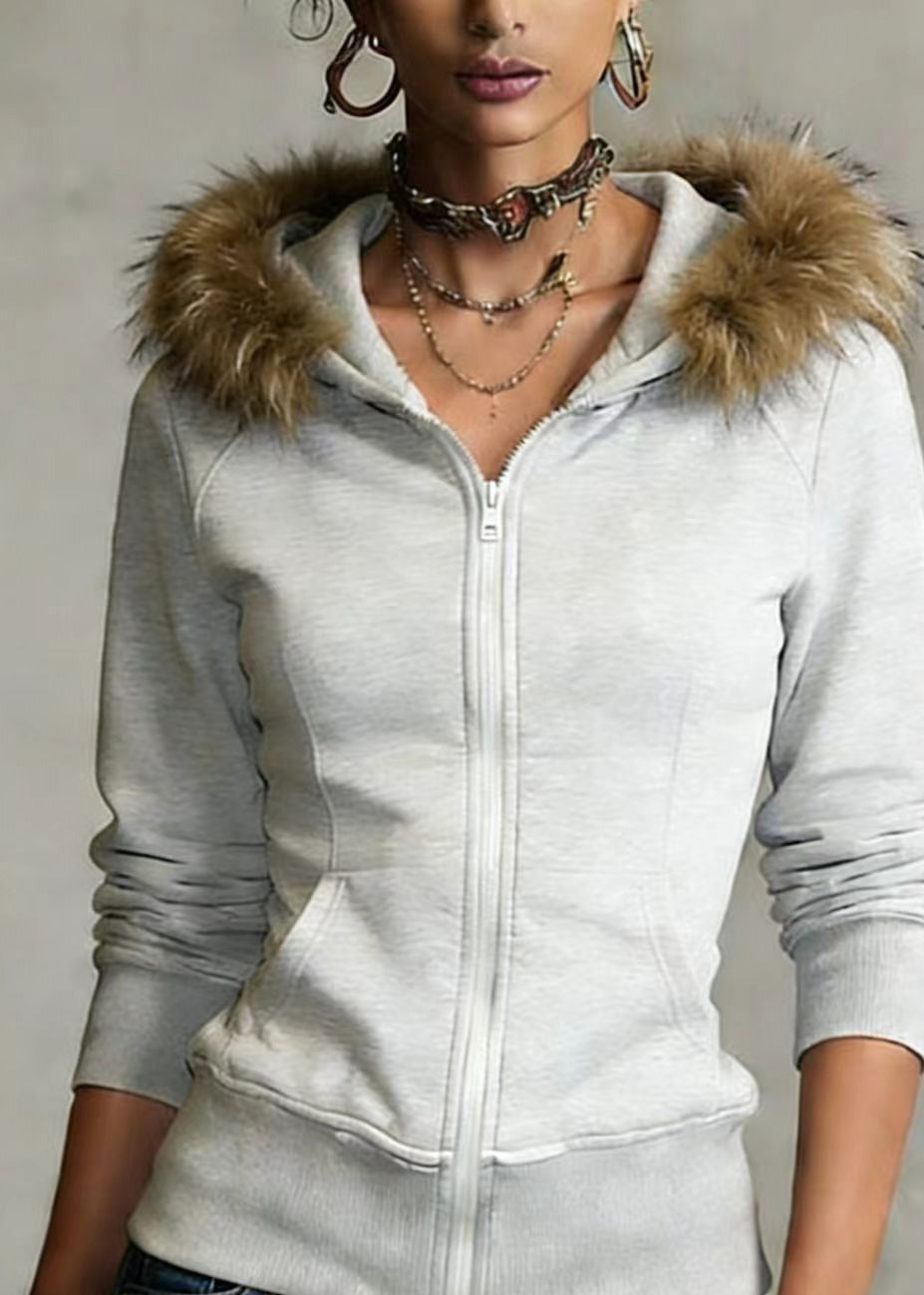 Fashion Grey Hooded Fur Collar Patchwork Cotton Coat Spring