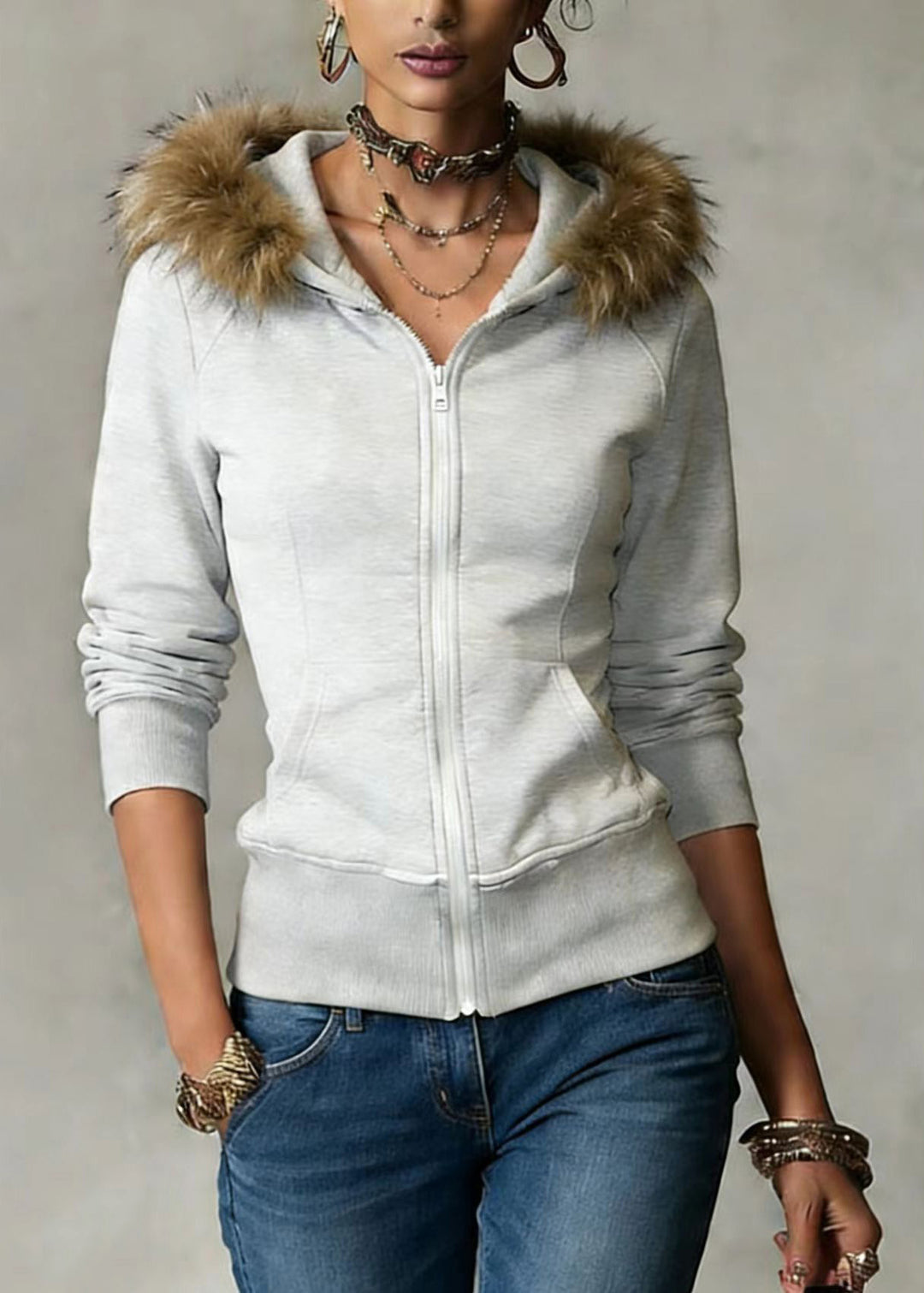 Fashion Grey Hooded Fur Collar Patchwork Cotton Coat Spring