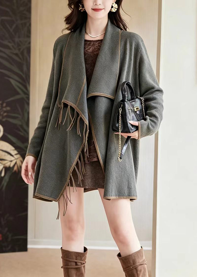 Fashion Grey Midi Length Tassel Knit Cardigan Fall