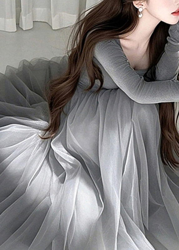 Fashion Grey O-Neck Tulle Maxi Dress Spring