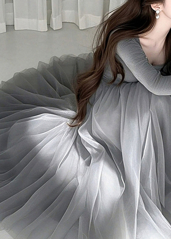 Fashion Grey O-Neck Tulle Maxi Dress Spring