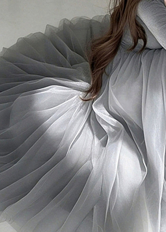 Fashion Grey O-Neck Tulle Maxi Dress Spring