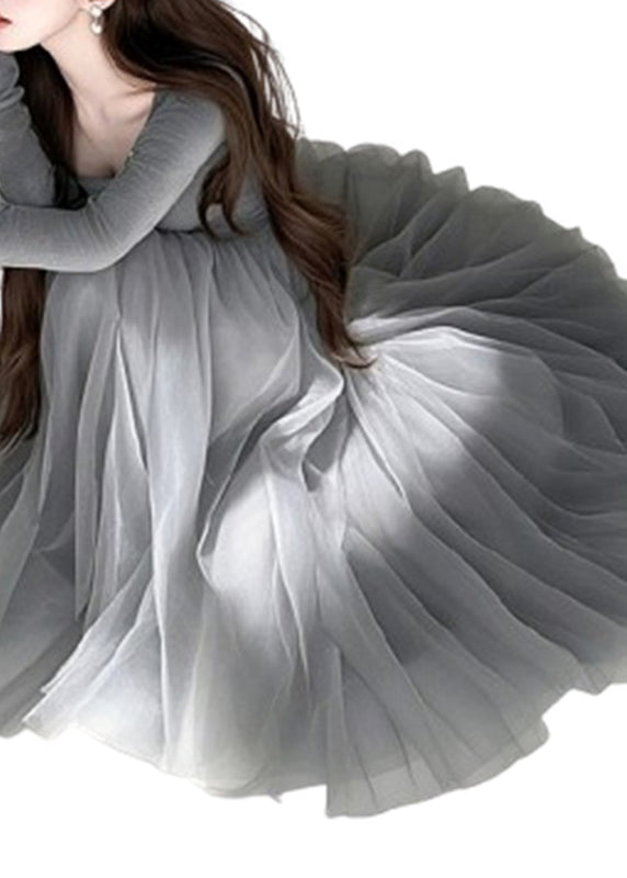 Fashion Grey O-Neck Tulle Maxi Dress Spring