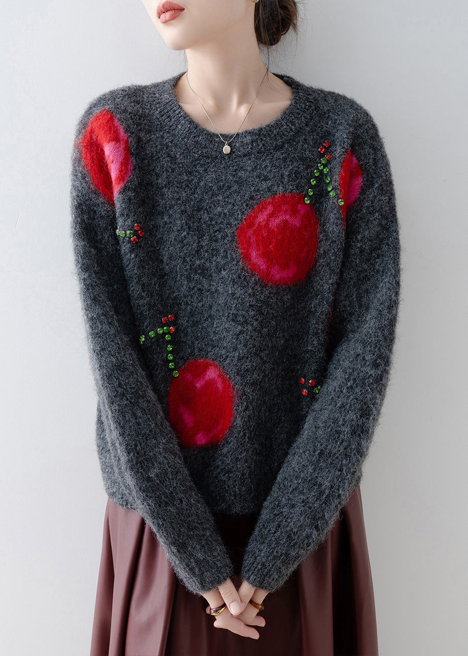 Fashion Grey O Neck Zircon Knit Sweaters Spring