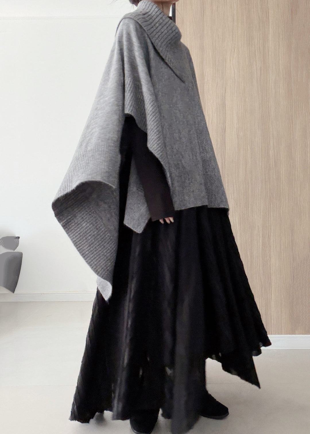 Fashion Grey Oversized Asymmetrical Design Knit Pullover Winter
