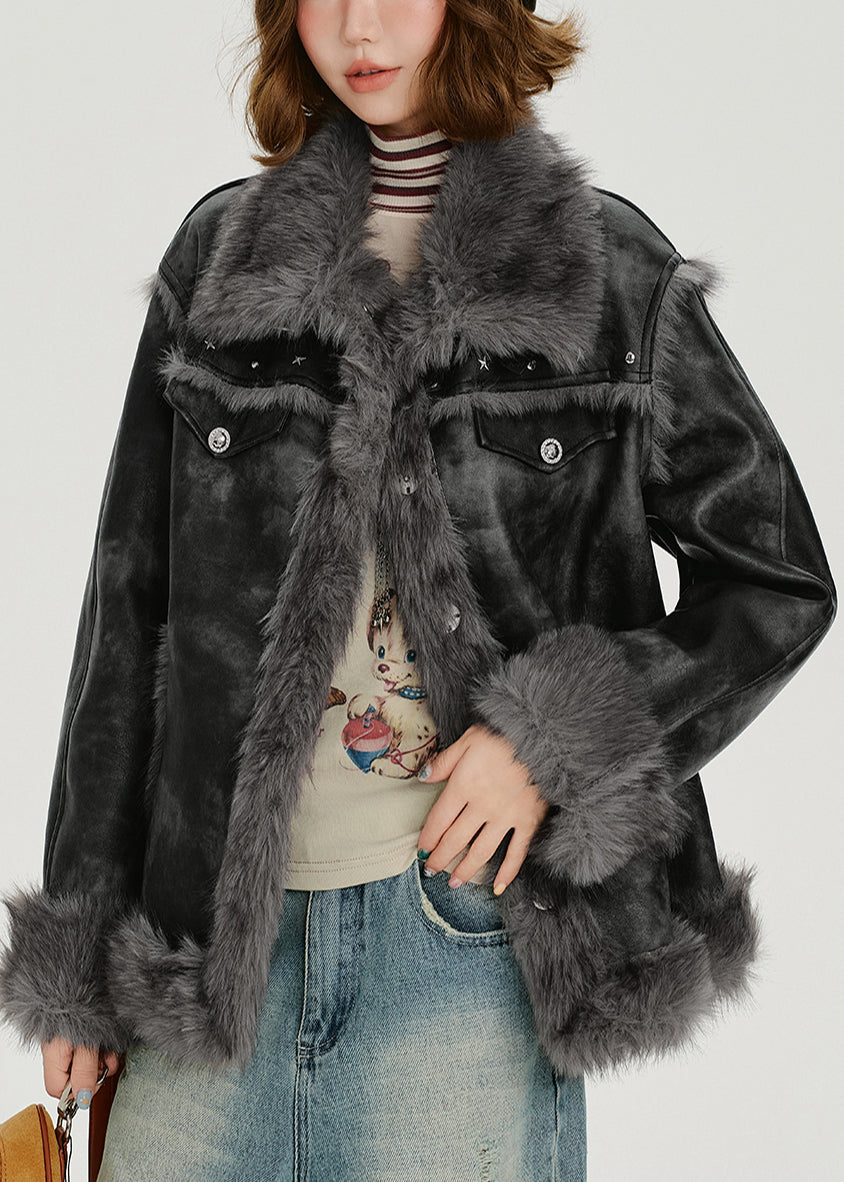 Fashion Grey Oversized Tie Dye Faux Leather Jackets Winter