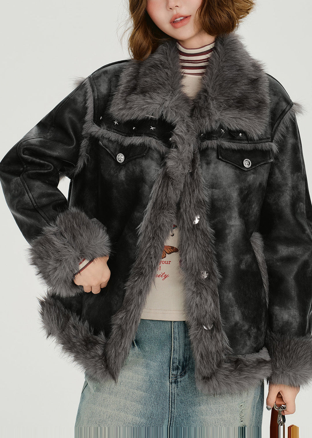 Fashion Grey Oversized Tie Dye Faux Leather Jackets Winter