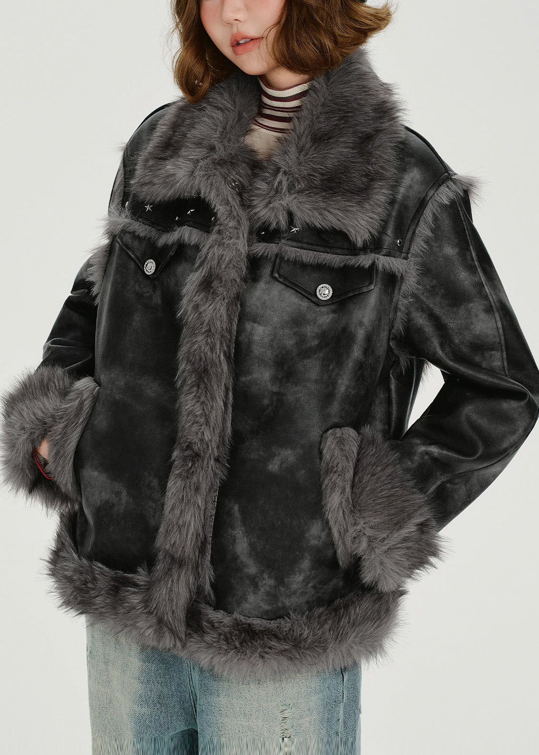 Fashion Grey Oversized Tie Dye Faux Leather Jackets Winter