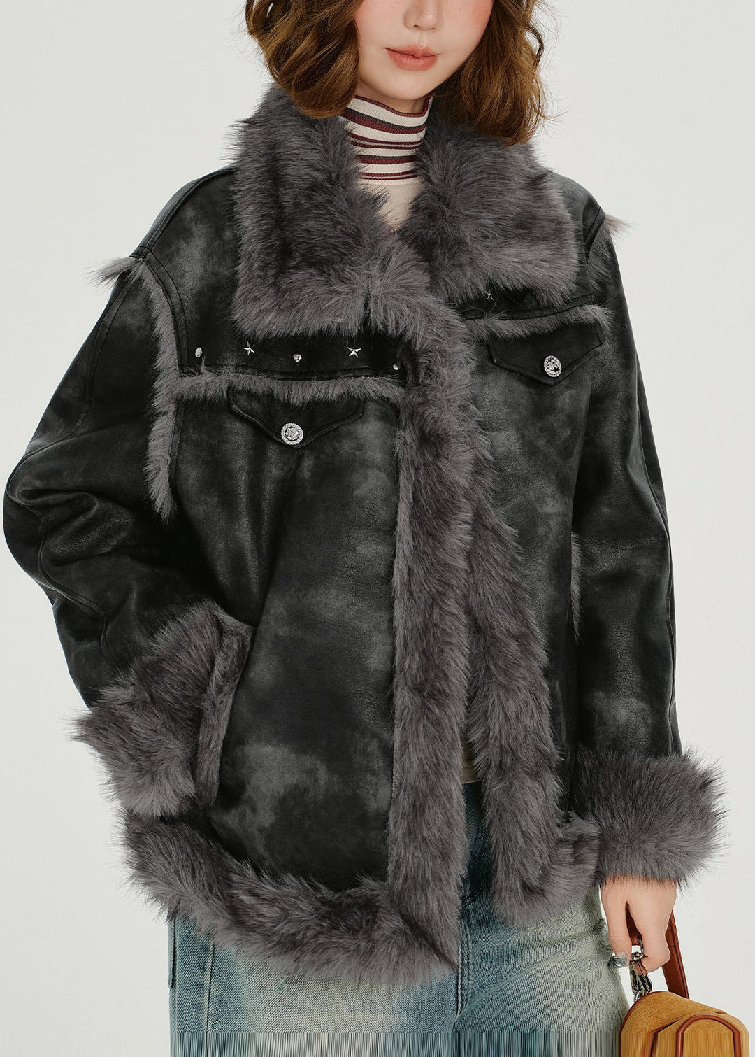 Fashion Grey Oversized Tie Dye Faux Leather Jackets Winter