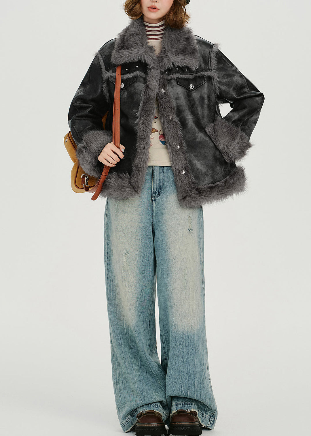 Fashion Grey Oversized Tie Dye Faux Leather Jackets Winter