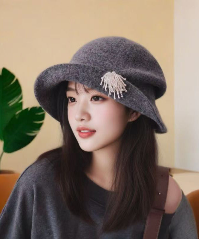 Fashion Grey Pearl Head Ornaments Woolen Bucket Hat