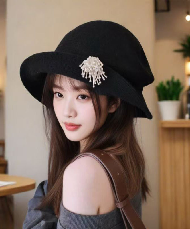 Fashion Grey Pearl Head Ornaments Woolen Bucket Hat