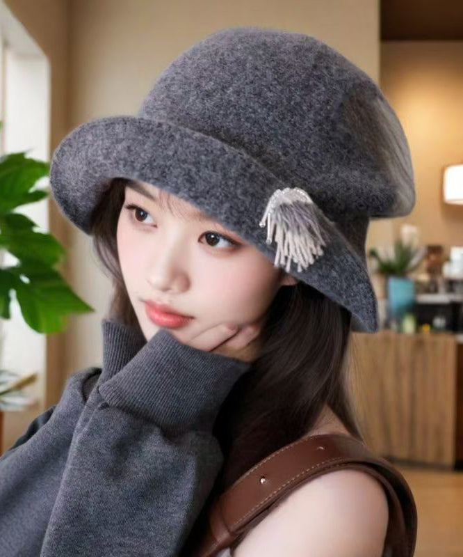 Fashion Grey Pearl Head Ornaments Woolen Bucket Hat