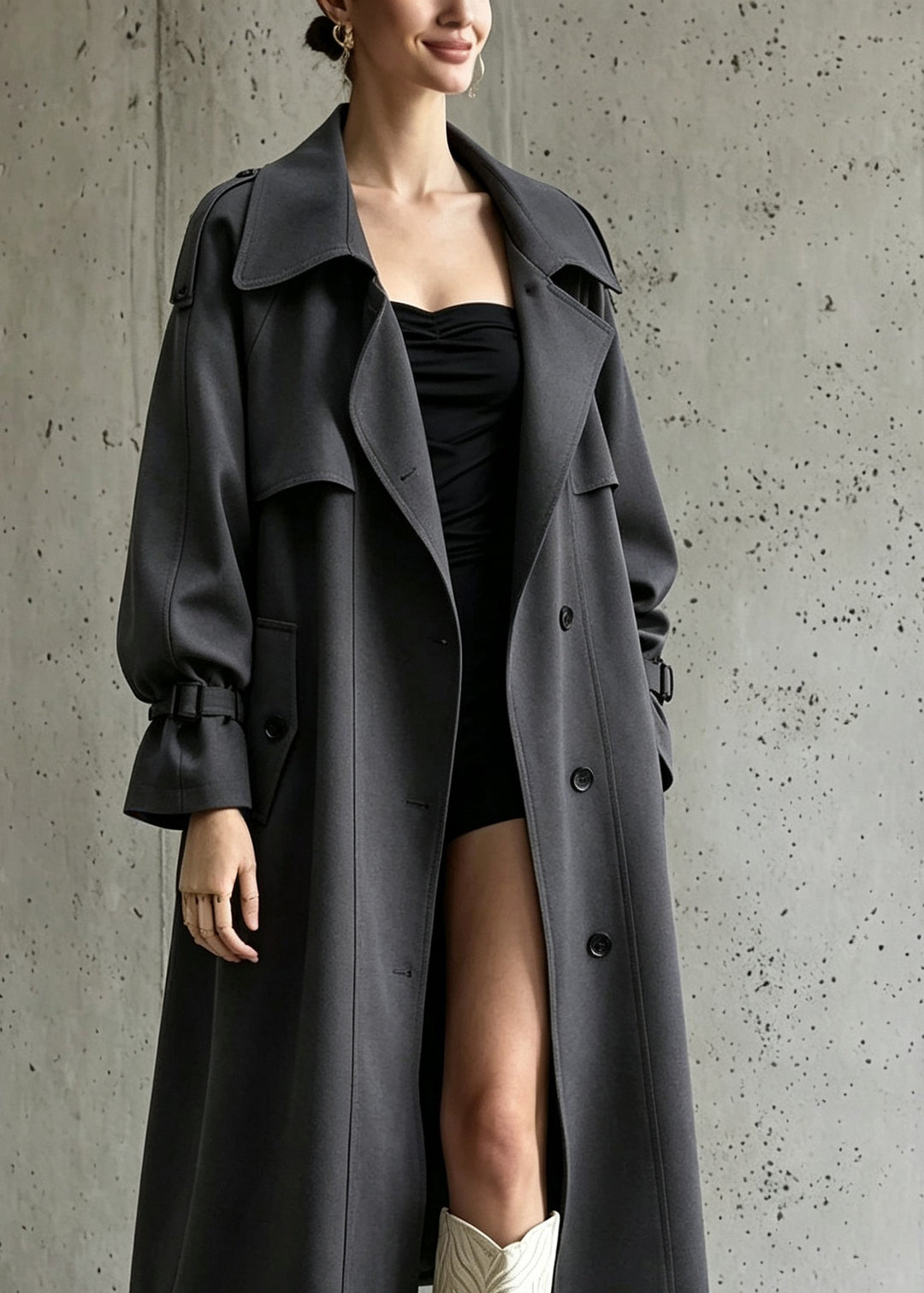 Fashion Grey Pockets Button Solid Maxi Trench Coats Fall